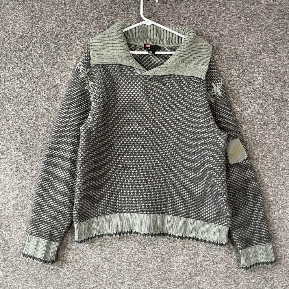 Diesel Sweater Mens 2XL Gray Acrylic Wool V Neck Chunky Knit Pullover Italy